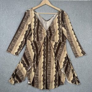 Vintage Dressbarn Top Womens XL Brown Snake Tunic 3/4 Sleeve Babydoll USA Y2K
